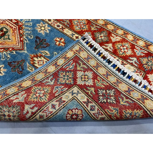 Blue and Rust Red Kazak Wool Runner Rug, Tribal Hallway Rug, 2'6" X 10'6" For Sale - Image 16 of 17