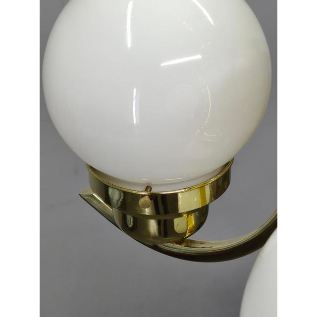 1930s Art Deco Czech Brass Chandelier with Milk Glass Globes, 1930s For Sale - Image 5 of 13