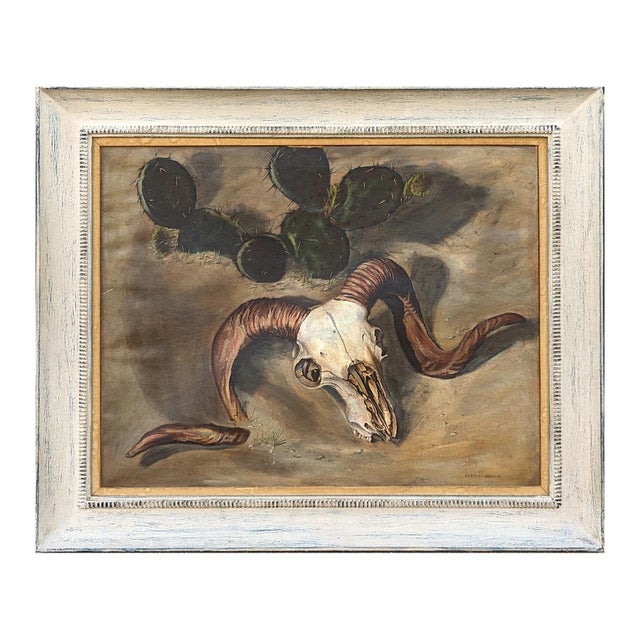 Mid-Century Modern Charles Schorre Modern Naturalistic Ram Skull and Cactus Western Desert Landscape Painting, Mid 20th Century For Sale - Image 3 of 10