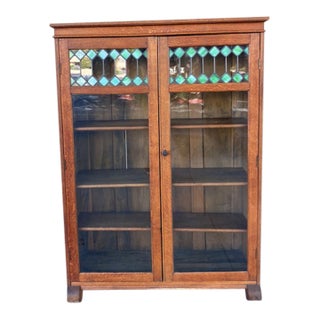 Antique Larkin Oak and Green Stained Glass Bookcase For Sale