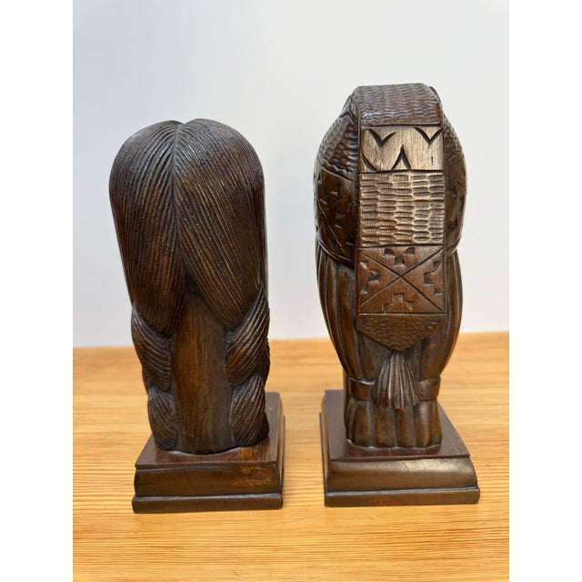 Wood 1940s Signed Silva Art Deco Carved Wood Busts - A Pair For Sale - Image 7 of 11