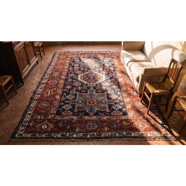 Excellent Navy Background With Symmetric Knots Geometric Pattern Antique Persian Karajeh Rug For Sale - Image 18 of 18