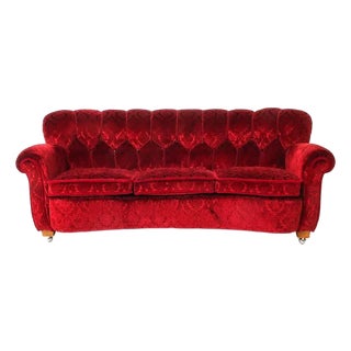 1950s Ruby Red Tufted Demask Velvet Sofa Danish Mid Century Modern For Sale