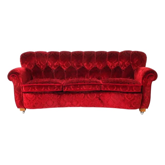 1950s Ruby Red Tufted Demask Velvet Sofa Danish Mid Century Modern For Sale