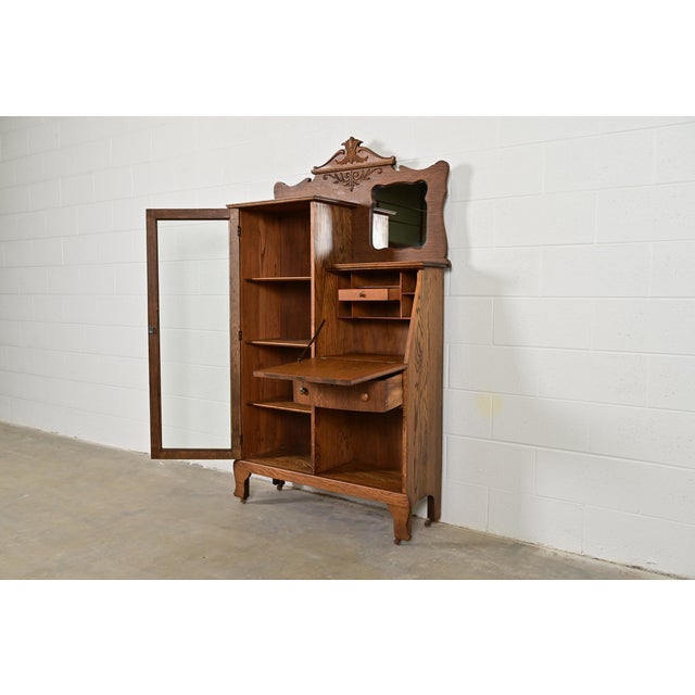 Antique Victorian Carved Tiger Oak Side-by-Side Bookcase With Drop Front Secretary Desk by Larkin Co., Circa 1900 For Sale In South Bend - Image 6 of 16