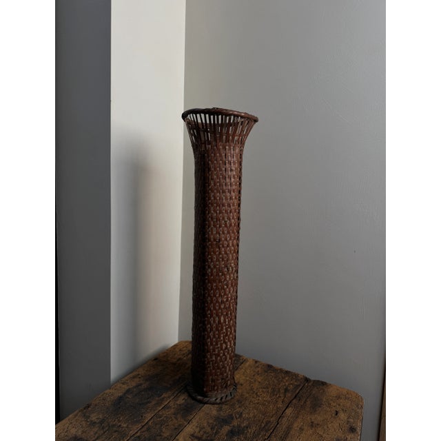 Antique Cylindrical Tall Japanese Woven Rattan Vase For Sale - Image 9 of 10