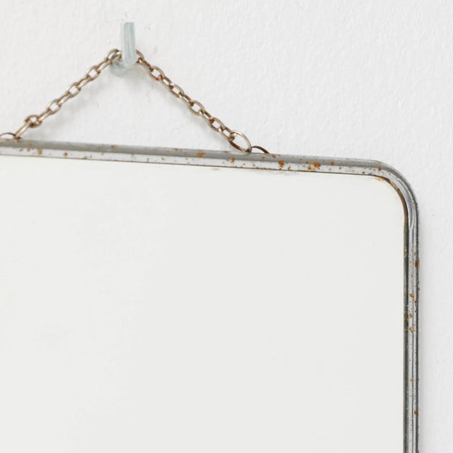 1940s Vintage French Metal-Framed Mirror with Rounded Corners and Chain, 1940s For Sale - Image 5 of 12
