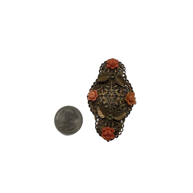 Art Nouveau 1940s Coral Celluloid Floral & Cabochons Filigree Brooch Pin For Sale - Image 3 of 4