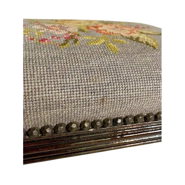 Mid 20th Century Vintage French Louis XVI Style Petite Needlepoint Footstool With Carved Legs For Sale - Image 5 of 11