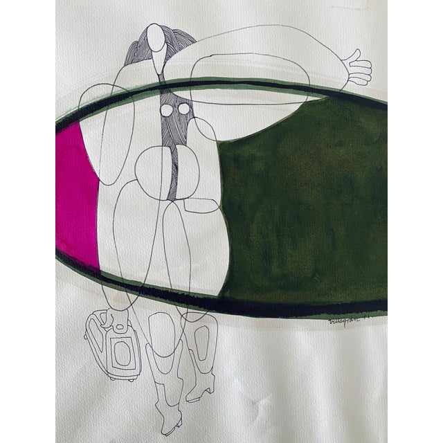 Armando Villagran, Surrealist Latin American Mixed Media Watercolor & Ink - Woman Holding Purse, 1971 For Sale - Image 4 of 8