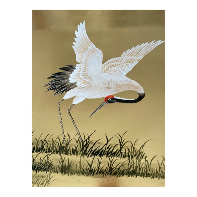 Hand‑Painted Gold Leaf Crane Panoramic Mural Wall Panels For Sale