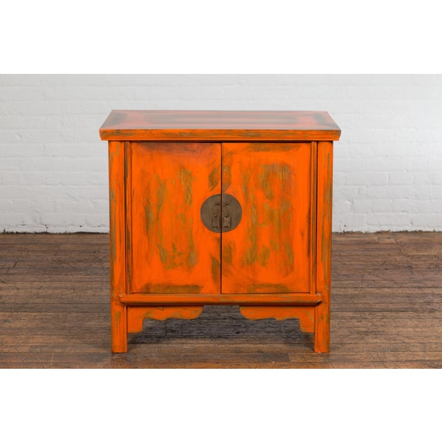 Asian Chinese Late Qing Dynasty Elm Side Cabinet with Custom Orange Lacquer For Sale - Image 3 of 13