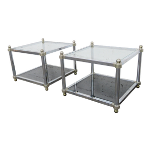 Hollywood Regency Chrome Glass Top Side Tables a Pair 6256