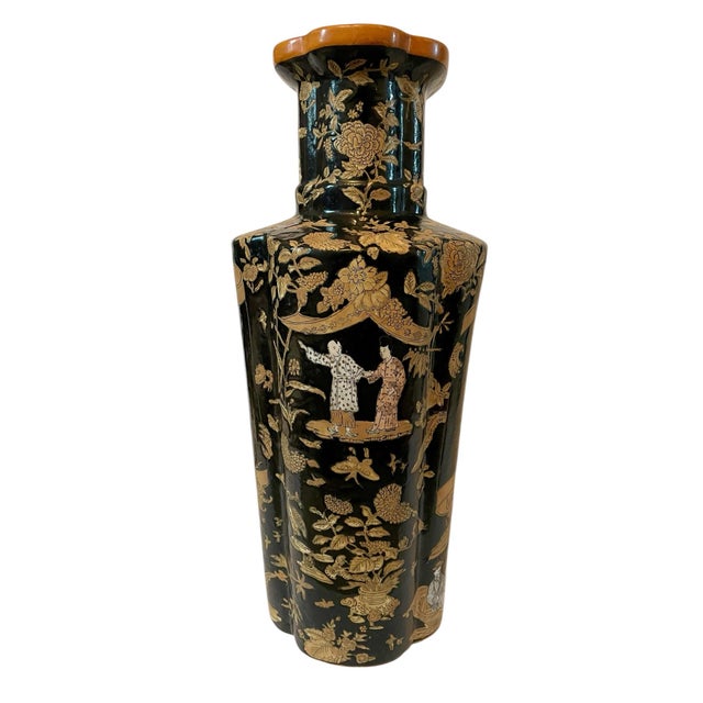 Vintage Large 18 3/4" Chinese Asian Black and Gold Porcelain Vase. Chinoiserie For Sale - Image 4 of 11