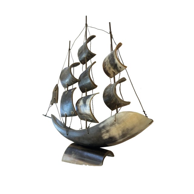 Mid-Century Hand-Carved Horn Sail Boat For Sale - Image 4 of 5