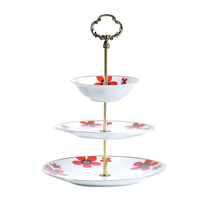 Three Layer Cake Stand in Brass and Porcelain, Czechoslovakia, 1950s For Sale