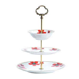 Three Layer Cake Stand in Brass and Porcelain, Czechoslovakia, 1950s
