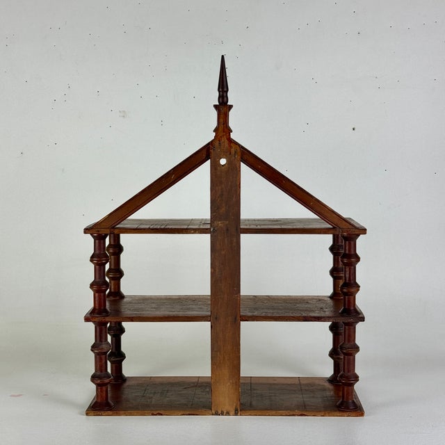 Brown Unusually Marvelous Antique House Shaped Folk Art Primitive Spool Tri-Level Wooden Wall Shelf Unit For Sale - Image 8 of 11