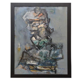 Mid Century Modern Abstract Jim Dine Style "Torso" Painting Framed Signed Blues, Grays, Green, Orange, Black For Sale