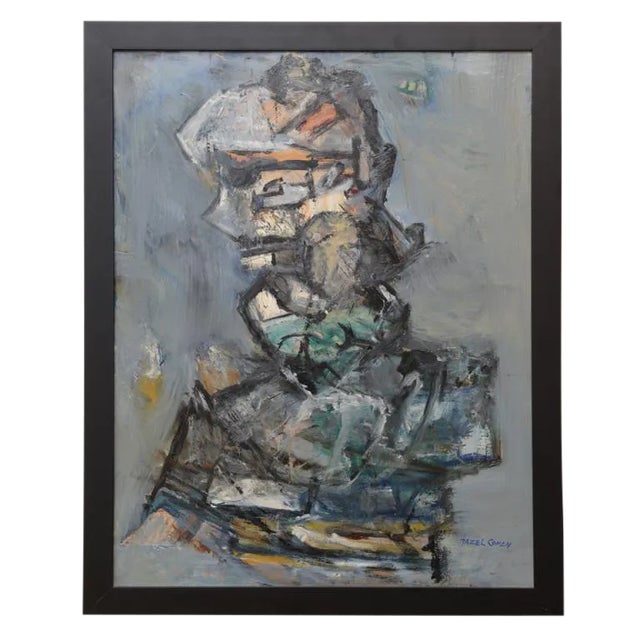 Mid Century Modern Abstract Jim Dine Style "Torso" Painting Framed Signed Blues, Grays, Green, Orange, Black For Sale