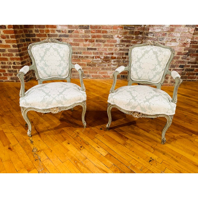 French Painted Chairs, Reupholstered, a Pair For Sale - Image 10 of 11