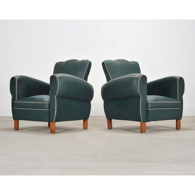 Pair of 20th Century French Art Deco Period Green Club Chairs For Sale - Image 4 of 17