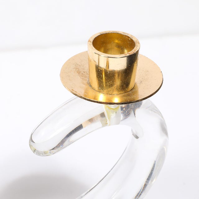 Schneider Glass Pair of Mid-Century Amorphic Crystal & Brass 4 Arm Candelabras Signed Schneider For Sale - Image 4 of 11