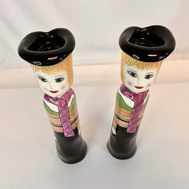 French 1990s Vintage Boho Chic French Hand Painted Women Candle Holders - A Pair For Sale - Image 3 of 8
