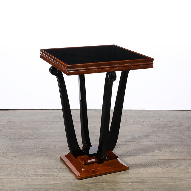 Art Deco Machine Age Square Walnut Occasional Table W/ Black Mirror Glass Top For Sale - Image 10 of 13