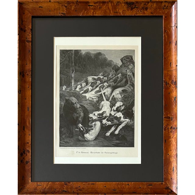 Realism Antique German Print of Hunting Dogs and Bears in Birdseye Maple Frame For Sale - Image 3 of 6