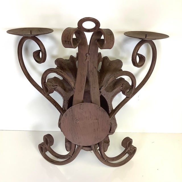 Burnt Umber Large Vintage Wrought Iron Wall Sconce Double Candle Holder 12”w X 14”h Brutalist Style For Sale - Image 8 of 10