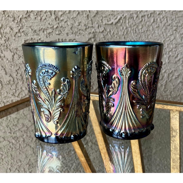 Circa 1969 St. Clair Glass Inverted Fan & Feather Carnival Reproduction Iridescent Glass Tumblers – A Pair For Sale - Image 4 of 18