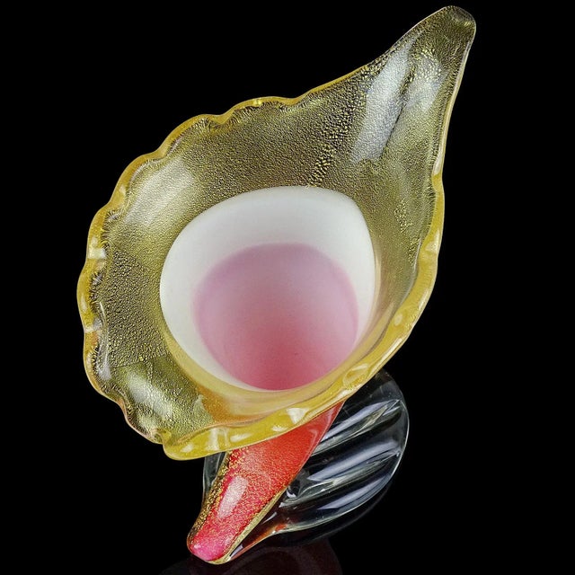 Mid 20th Century Vintage Murano Dino Martens Gold Flecks Pink White Italian Art Glass Midcentury Footed Flower Vase For Sale - Image 5 of 7