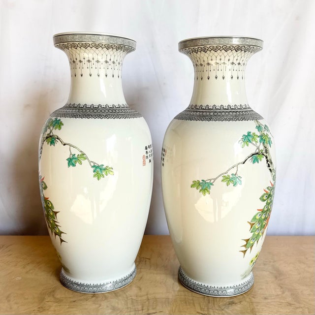 Mid 20th Century Vintage Chinese Hand Painted Porcelain Vases - A Pair For Sale - Image 5 of 9