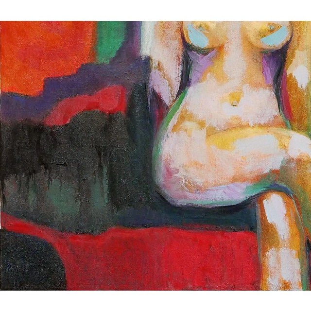 1970s 1970s Modern Abstract Red and Green Toned Interior Painting of a Nude Female Figure by Margaret Nobler For Sale - Image 5 of 9