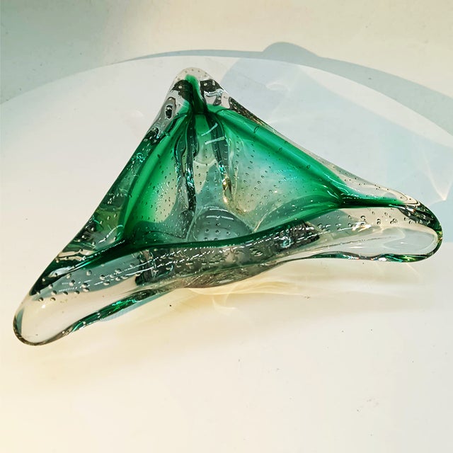 Big Vintage Triangular Ashtray or Catch-all in Murano Glass. Stunning Aquamarine submerged colour with Air Bubble. Hand...