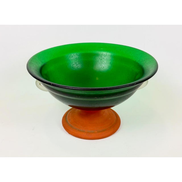 Mid-Century Modern Emerald Green Frosted Glass and Terracota Pedestal Bowl, 1950s For Sale - Image 10 of 13