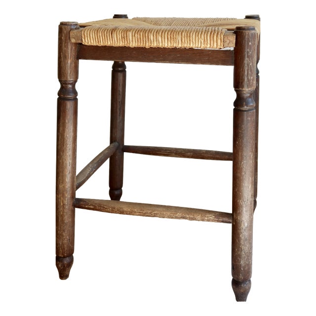 Antique Square Wooden Stool with Woven Straw Seat, 1970s For Sale