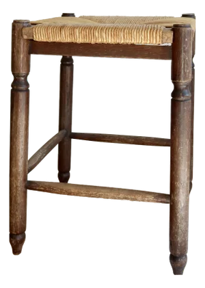 Antique Square Wooden Stool with Woven Straw Seat, 1970s