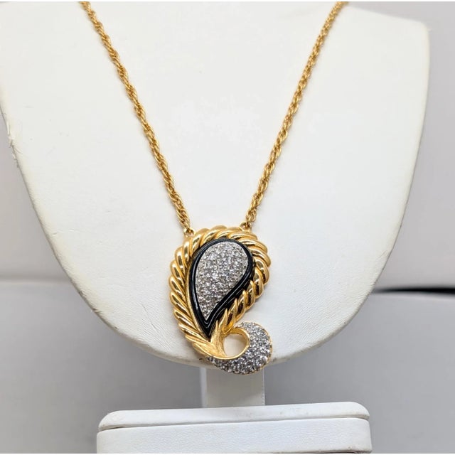 Mid-Century Modern Vintage Signed Givenchy 1978 Goldtone Paisley Pavé Rhinestone Pendant Necklace For Sale - Image 3 of 12