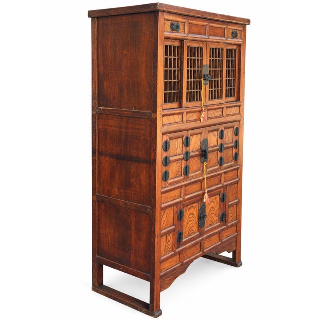 Traditional Vintage Korean-Style Wooden Storage Tansu Cabinet With Lattice Doors & Iron Hardware For Sale - Image 3 of 12