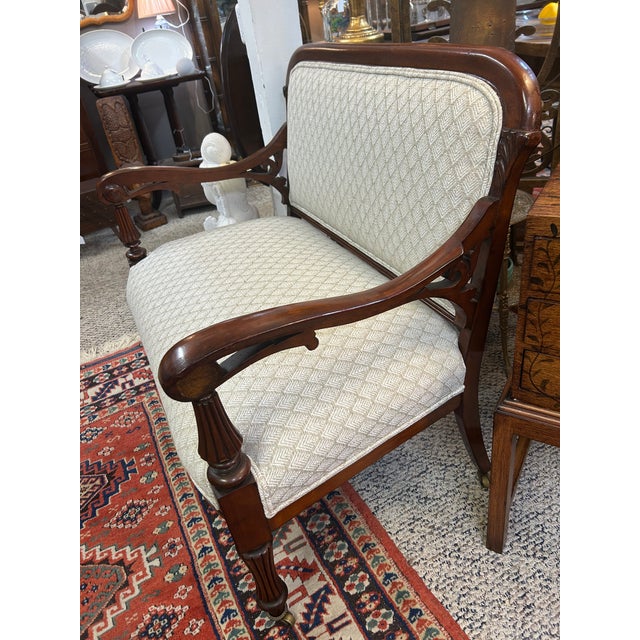 Small Antique Dark Wood Edwardian Loveseat With New Upholstery For Sale In Philadelphia - Image 6 of 11