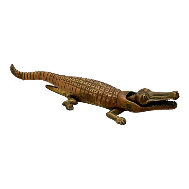 Unusual Antique Solid Cast Bronze Figurative Crocodile Table Top Nut Cracker - Large Size - 15 Inches Long For Sale