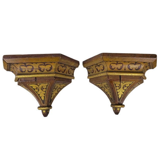 Brown Neo-Gothic Brown-Gold Wall Consoles, 1850, Set of 2 For Sale - Image 8 of 8