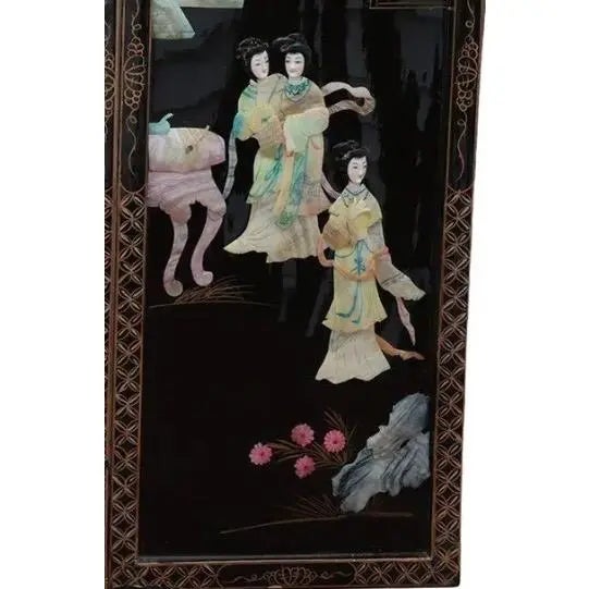 Antique Mid-Century Chinese Black Lacquer Wall Panels: Set of 4 With Raised Hardstone and Mother-of-Pearl Inlay For Sale - Image 13 of 16