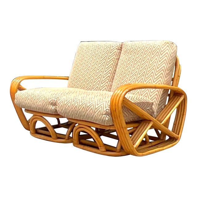 Vintage Coastal Four Strand Bent Rattan Loveseat After Frankl For Sale