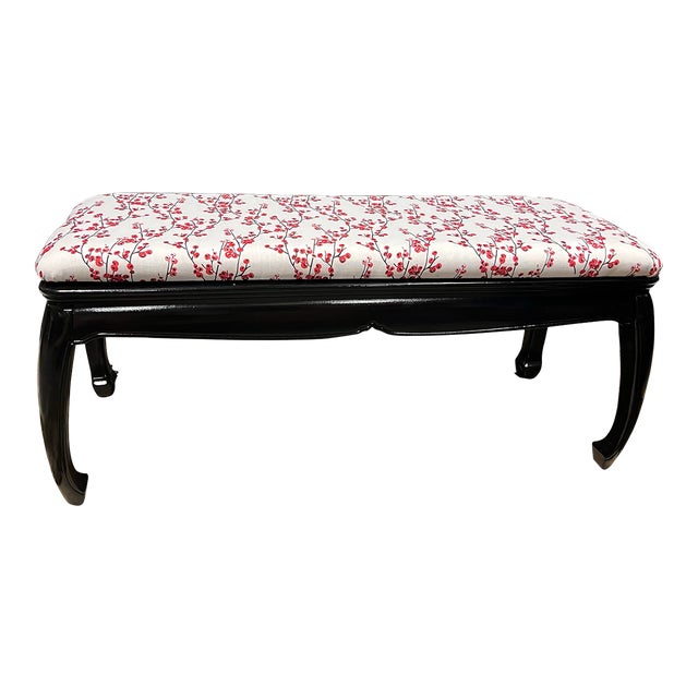 Vintage Black Lacquered Ming Style Upholstered Bench For Sale