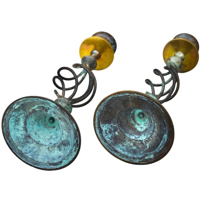 Goldenrod Mid 20th Century Handcrafted Americana Brass Candleholders- S/2 For Sale - Image 8 of 8
