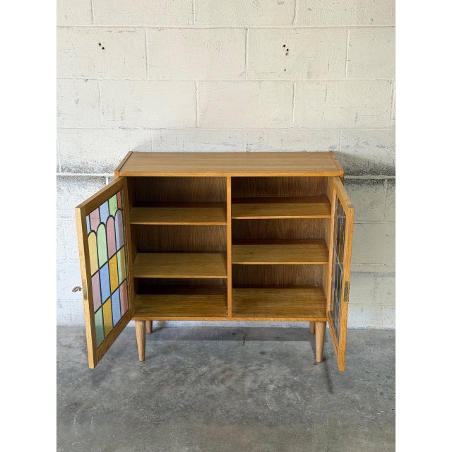 Oak Two-Door Cabinet With Multi-Colored Stained Glass Doors Danish Mid-Century Modern 1970s For Sale - Image 11 of 11
