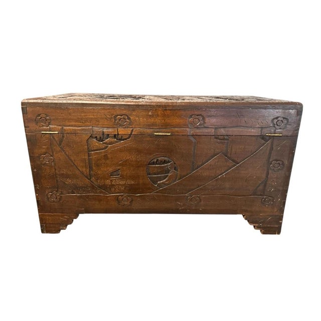1960s 1960s Large Vintage Carved Oriental Camphor Wooden Chest - Mid Century Modern For Sale - Image 5 of 7